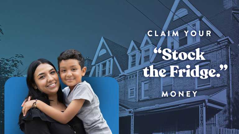 Adult and child smiling in front of row houses with the text “Claim your ‘Stock the Fridge’ money.”